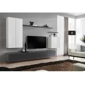 AC-DÉCO Ensemble Mural - Switch Xx - 1 Vitrine Led - 1 Banc Tv - 1 Étagère Murale - Blanc Et Graphite - Modèle 1 pas cher