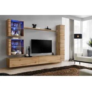 AC-DÉCO Ensemble mural - Switch XVIII - 2 vitrines LED - 1 vitrine verticale - 2 bancs TV - 1 étagère - Bois pas cher