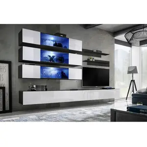 AC-DÉCO Ensemble mural - FLY J - 3 rangements LED - 2 meubles TV - 2 étagères - Noir et blanc - Modèle 2Vendu paramazon