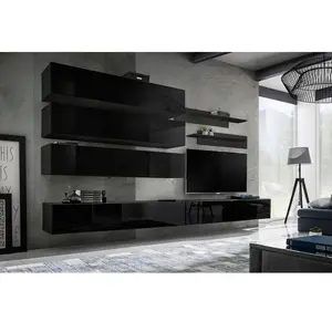 AC-DÉCO Ensemble Mural - Fly J - 3 Rangements - 2 Meubles Tv - 2 Étagères - Noir pas cher