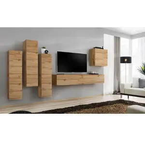 AC-DÉCO Ensemble Mural - Switch Iii - 3 Vitrines Verticales - 1 Banc Tv - 1 Vitrine Carrée - Bois pas cher