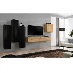 AC-DÉCO Ensemble Mural - Switch Iii - 3 Vitrines Verticales - 1 Banc Tv - 1 Vitrine Carrée - Bois Et Noir - Modèle 2 pas cher