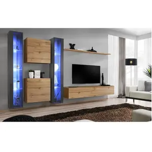 AC-DÉCO Ensemble mural - Switch XVI - 2 vitrines LED - 2 vitrines carrées - 1 banc TV - 1 étagère - Bois et graphite - Modèle 2 pas cher