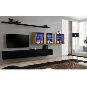 Ensemble mural - AC-DÉCO - Switch XVII - 3 vitrines LED - 2 banc TV - Bois et noirVendu paramazon