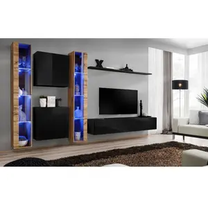 AC-DÉCO Ensemble Mural - Switch Xvi - 2 Vitrines Led - 2 Vitrines Carrées - 1 Banc Tv - 1 Étagère - Bois Et Noir - Modèle 1 pas cher