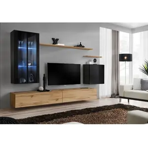 AC-DÉCO Ensemble mural - Switch XII - 2 vitrines LED - 2 bancs TV - 1 vitrine carrée - 3 étagères - Bois et noir - Modèle 2 pas cher