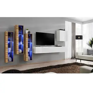 AC-DÉCO Ensemble mural - Switch XIII - 3 vitrines LED - 1 banc TV - 1 vitrine carrée - Bois et blanc - Modèle 1 pas cher