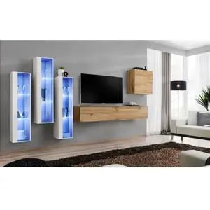 Comparateur de prix : Ensemble mural - AC-DÉCO - Switch XIII - 3 vitrines LED - 1 banc TV - 1 vitrine carrée - Blanc et bois