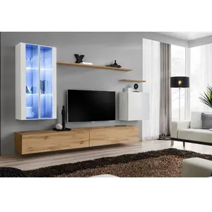 Ensemble Mural - Switch Xii - 2 Vitrines Led - 2 Bancs Tv - 1 Vitrine Carrée - 3 Étagères - Bois Et Blanc - Modèle 2Vendu paramazon