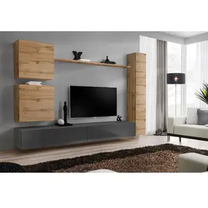 Ensemble Mural - Switch Viii - 2 Vitrines Carrées - 1 Vitrine Verticale - 2 Bancs Tv - 1 Étagère - Bois Et Graphite - Modèle 1Vendu paramazon