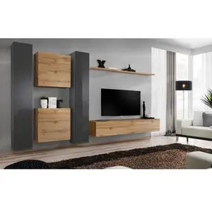 AC-DÉCO Ensemble Mural - Switch Vi - 2 Vitrines Verticales - 1 Vitrine Carrée - 1 Banc Tv - 1 Étagère - Bois Et Graphite - Modèle 2 pas cher