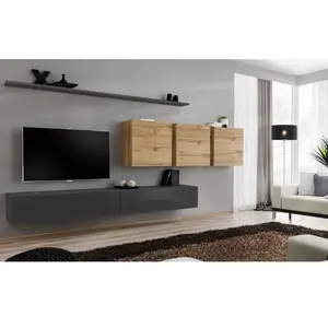 Ensemble Mural - Switch Vii - 3 Vitrines Carrées - 2 Bancs Tv - 2 Étagères - Bois Et Graphite - Modèle 2 pas cher
