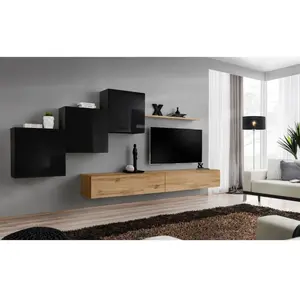 Comparateur de prix : Ensemble Mural - Switch X - 3 Vitrines Carrées - 2 Bancs Tv - 1 Étagère - Bois Et Noir - Modèle 2