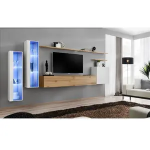 Ensemble mural - AC-DÉCO - Switch XI - 2 vitrines LED - 1 banc TV - 1 vitrine carrée - Bois et blanc - Modèle 2Vendu paramazon