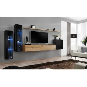 AC-DÉCO Ensemble Mural - Switch Xi - 2 Vitrines Led - 1 Banc Tv - 1 Vitrine Carrée - 3 Étagères - Bois Et Noir - Modèle 2 pas cher
