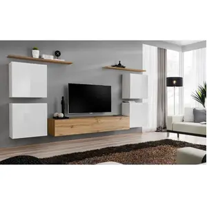Ensemble Mural - Switch Iv - 1 Vitrine - 1 Banc Tv - 2 Étagères - Bois Et Blanc - Modèle 2Vendu paramazon