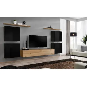 AC-DÉCO Ensemble Mural - Switch Iv - 1 Vitrine - 1 Banc Tv - 2 Étagères - Bois Et Noir - Modèle 2Vendu paramazon