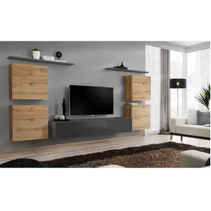 Ensemble mural - AC-DÉCO - Switch IV - Bois et graphite - 1 vitrine - 1 banc TV - 2 étagères pas cher