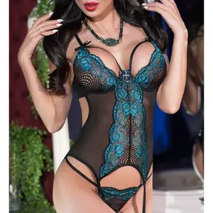 Chilirose Cr4213 - Erotische Babydoll - Incl. String - Zwart+blauw - Xl pas cher