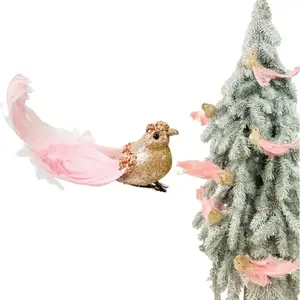 Inspiruj - Ozdoba op Clip - Champagne Vogel - Natuurlijke Roze Veren - Glitters - 17 cm pas cher