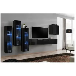 Ensemble TV - 5 éléments - Noir - Verre - Vitrine éclairée - Banc TV avec rangement pas cher