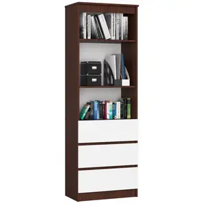 Bibliothèque de bureau AKORD R60 Wengé 60 cm 3 tiroirs façade Blanche 3 étagères 60x35x180 cm pas cher