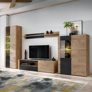 Ensemble Meuble TV Rainuré Aron 320cm Naturel & Noir pas cher