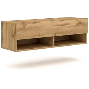 CALICOSY Meuble TV Mural Porte Rabattable 2 Niches L100 cm - Décor bois - 100 cm X 31 cm X 30 cm - DERBY Bois Clair pas cher