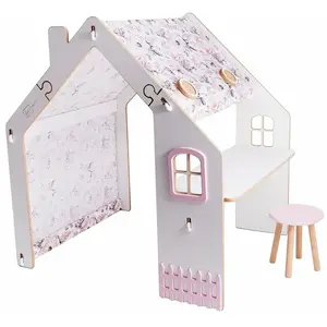 Habitat et Jardin Maisonette en bois "Bianelli" avec tabouret - 114 x 93 x 120 cm - Blanc / Rose Blanc / Rose.
