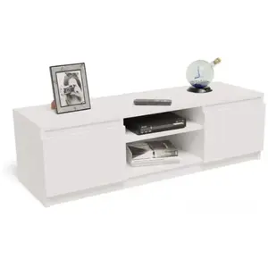 MATKAM Meuble TV Blanc - Banc TV, Table TV avec 2 portes et 2 étagères - 120 x 40 x 36 cm pas cher