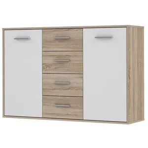 Buffet bas PILVI - 2 portes et 4 tiroirs - Blanc et chêne sonoma - L 1...