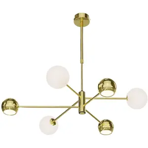 MOKA Kroonluchter messing Witte Bollen 6-lichts