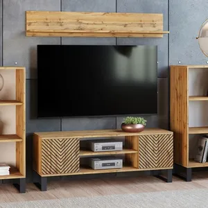 KOBI Meuble TV FOCUS  L 135 x P 40 x H 49cm chêne doré, pieds métal loft pas cher