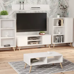 KOBI Meuble TV Focus - blanc, pieds bois, style scandinave pas cher