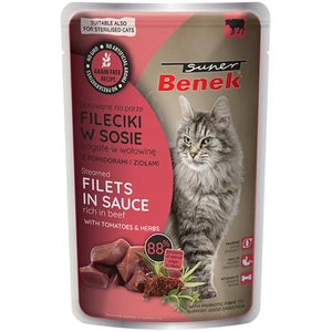 Super Benek sans céréales filets cuits à la vapeur 28 x 85 g pour chat - boeuf, tomates en sauce pas cher