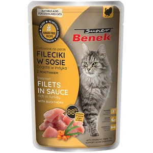 Super Benek sans céréales filets cuits à la vapeur 28 x 85 g pour chat - dinde, argousier en sauce pas cher