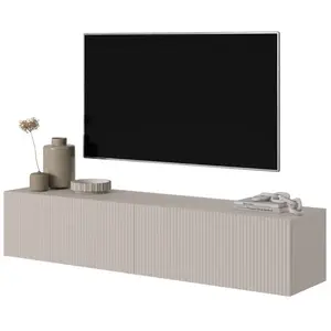 SELSEY Meuble TV - VELDIO -140 cm - couleur gris-beige avec façade fraisée pas cher