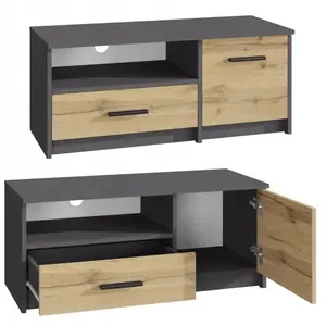 MATKAM Meuble TV Anthracite - Banc TV Table TV avec 1 porte et 2 étagères - 98 x 35 x 42 cm pas cher