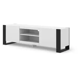 PETITS MEUBLES Meuble TV bas Mondi 158 cm Hi-Fi Commode avec pieds noirs Blanc Mat pas cher