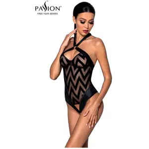 Passion Woman Hima Body - Erotische Body - Kinky combinatie van Transparante Stof, Ecoleder en Straps - Zwart - L/XL pas cher