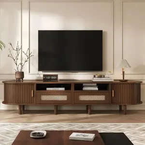 Meuble TV moderne - Neche - 170x40x40 cm - 2 tiroirs en rotin - 2 portes coulissantes - Marron - Plateau ovale - 8 pieds pas cher