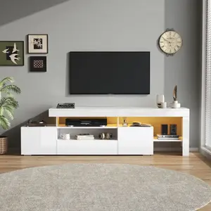 NECHE Meuble TV Blanc Brillant 3 Portes Rabattables Éclairage LED Compatible TV 85 Moderne192x37x53cm pas cher