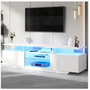 NECHE Meuble TV Blanc Moderne 2 Portes Brillantes Éclairage LED Verre Trempé Structure MDF160x40x45cm pas cher