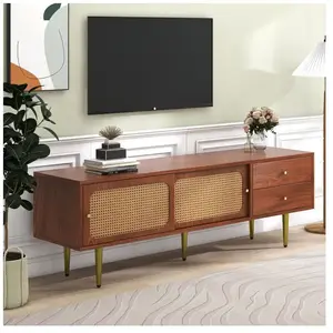 NECHE Meuble TV 160cm Noyer Et Rotin - 2 Tiroirs 2 Portes Coulissantes... pas cher