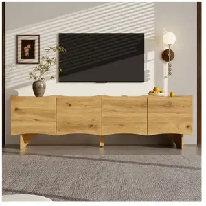 NECHE Meuble TV Moderne À Motif Vague - 4 Portes Gestion Câbles Structure PB Robuste Style Naturel Bois 155x36x47cm pas cher