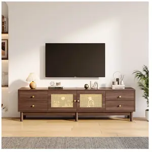 YOLEO Meuble tv Vintage avec 2 portes en rotin + 4 tiroirs,Armoire pour télé 80' - 180 x 35 x 44cm - Marron pas cher