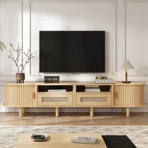 NECHE Meuble TV moderne en bois - 170x40x40 cm - 2 tiroirs en rotin - 2 portes coulissantes - Jaune - Forme ovale pas cher