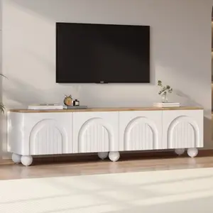 NECHE Meuble TV moderne - 180x40x45 cm - 4 portes cintrées - 6 pieds en métal - Blanc et bois pas cher