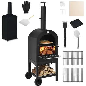 COSTWAY Four à Pizza Extérieur au Charbon de Bois avec Pierre à Pizza,Gant Anti-brûlure,Housse Étanche,2 Grills,Thermomètre DoubleVendu parcdiscount