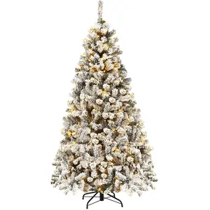 GOPLUS 225CM Sapin de Noël Lumineux-1010 Branches+450 LED-Effet de Neige Réaliste Floqué-Ouverture Automatique-Base en Fer pas cher